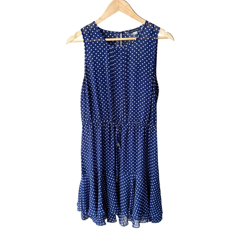 Tommy Hilfiger Dress Navy Blue White Polka Dot Sleeveless Preppy Party Size 10
